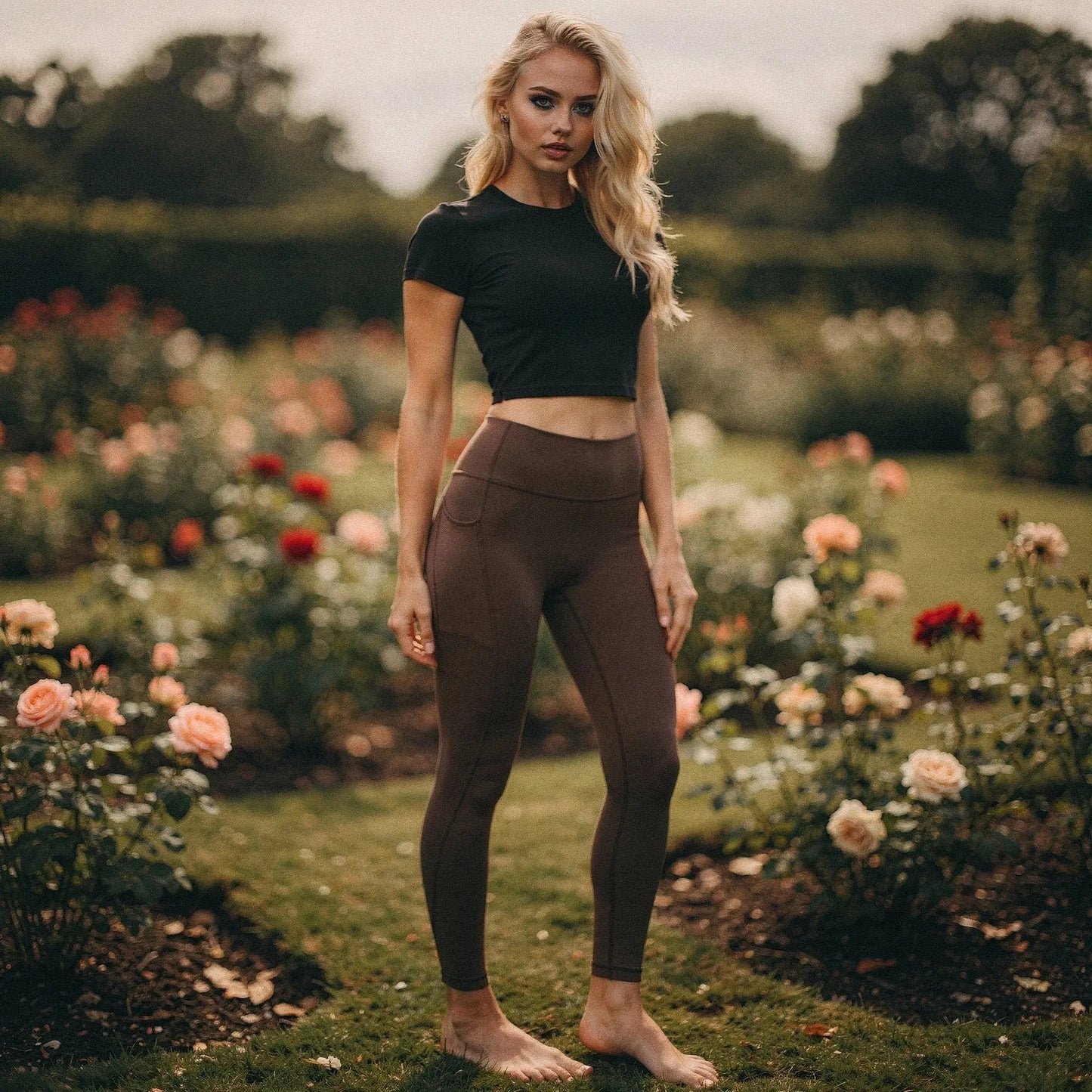 View of high waisted fitted 78 leggings in black, featuring pockets and a stretchy, breathable fabric