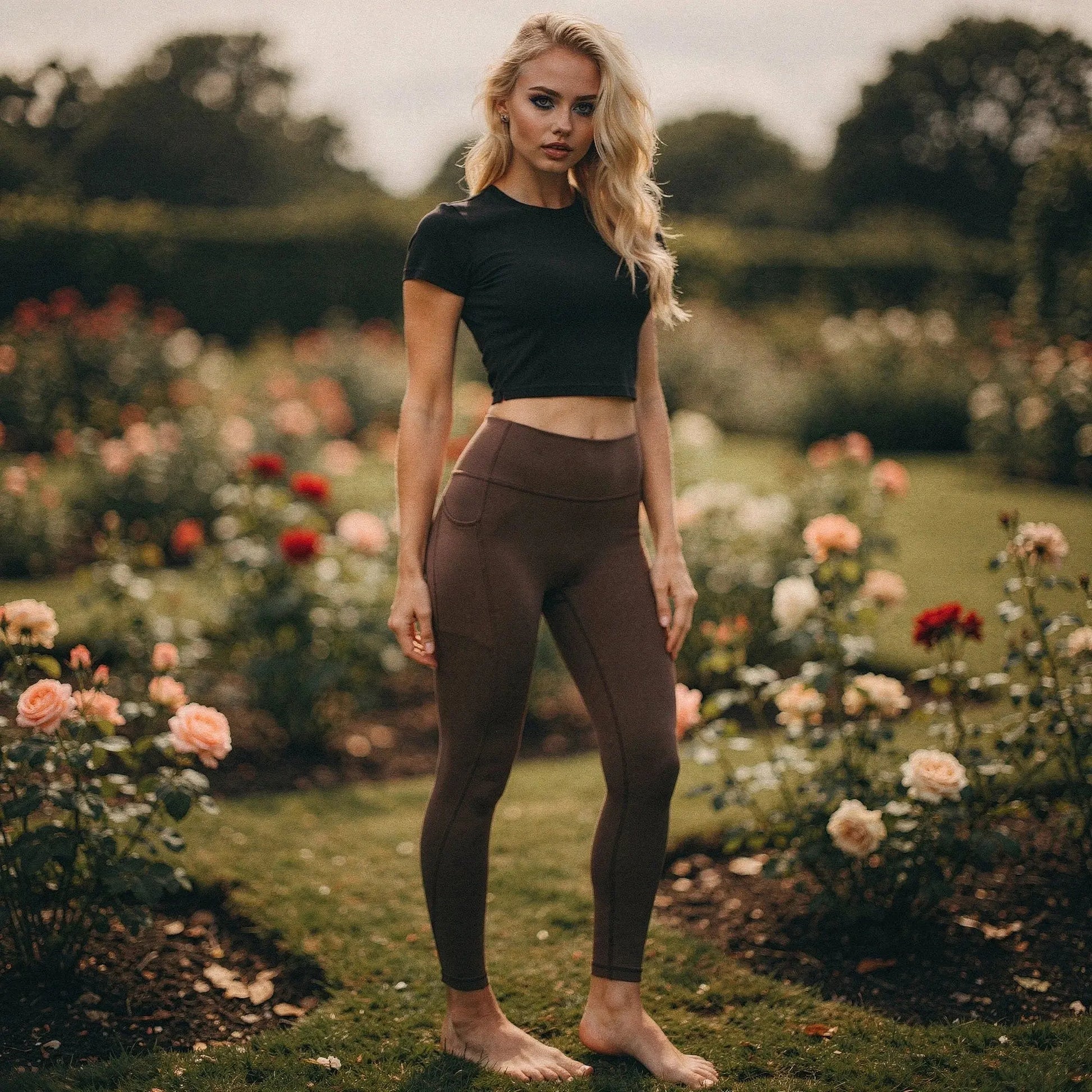 View of high waisted fitted 78 leggings in black, featuring pockets and a stretchy, breathable fabric