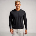 View of a slim fit long sleeve crew neck casual t shirt in light gray cotton fabric