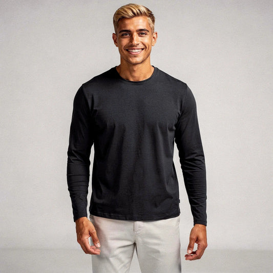 View of a slim fit long sleeve crew neck casual t shirt in light gray cotton fabric
