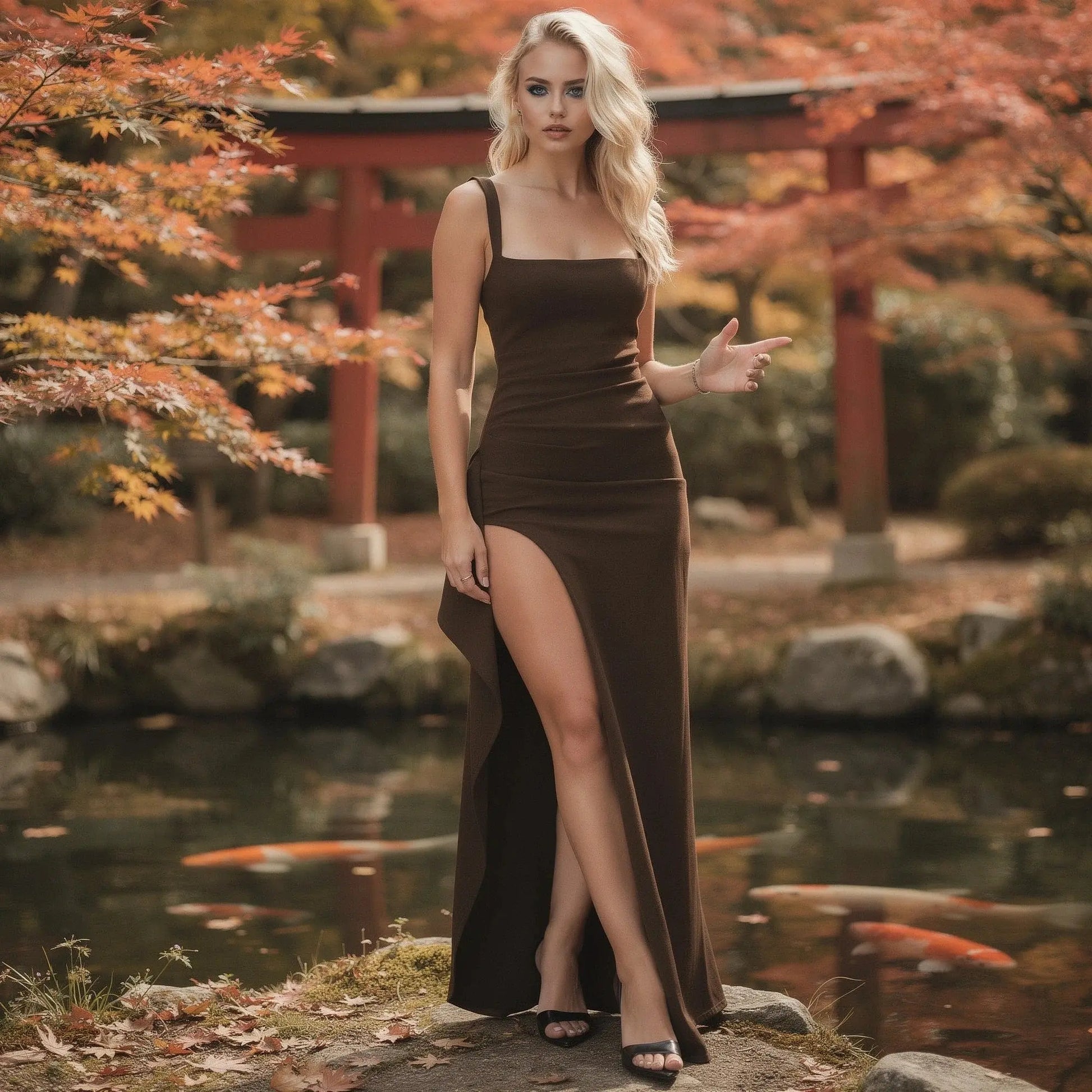 View of a women's slim fit scoop neck maxi evening formal dress in deep burgundy, featuring elegant draping and a flowing skirt
