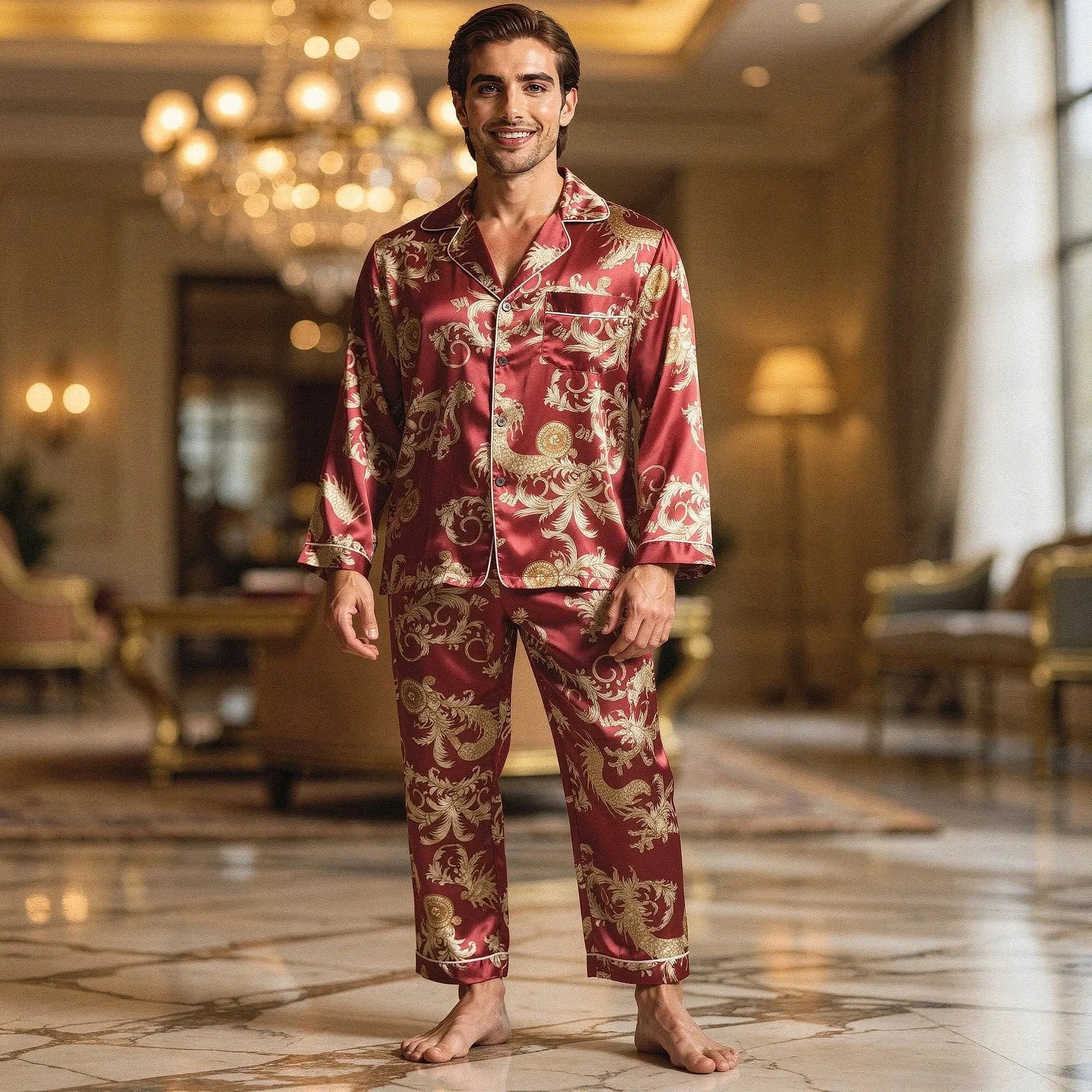 View of relaxed fit long sleeve silk pajamas set in soft gray with notch collar and button closure