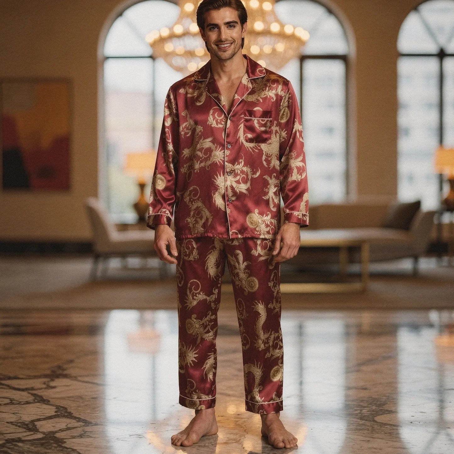 View of a relaxed fit long sleeve pajama top in soft silk, featuring a notch collar and deep navy color