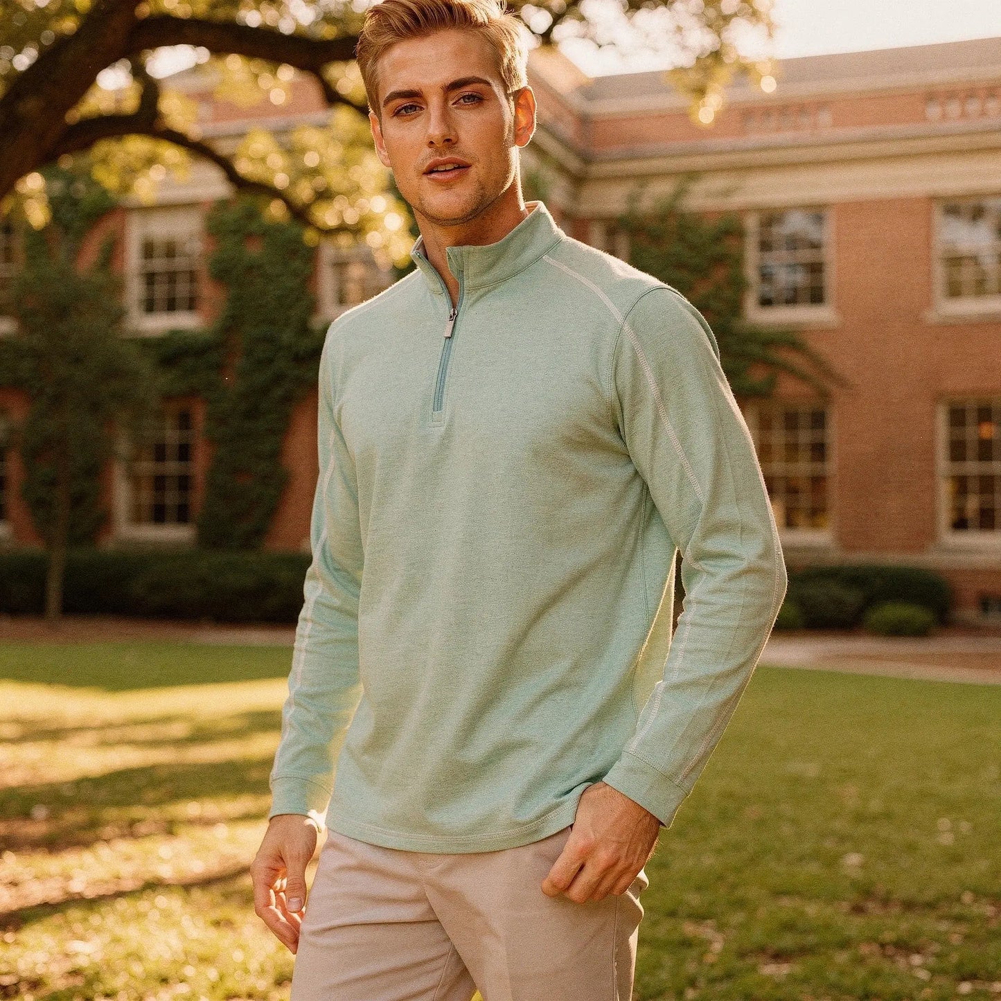 View of a lightweight, slim fit quarter zip layer in dark gray, featuring a smooth fabric and minimalistic design