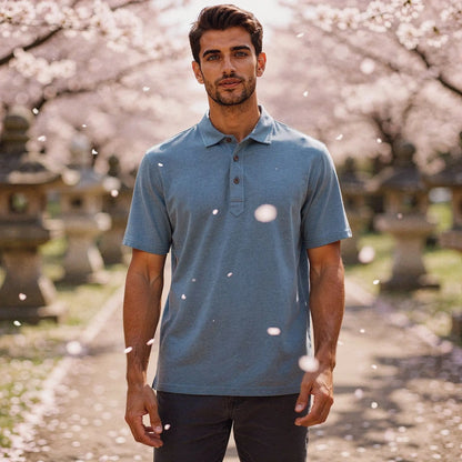 View of a navy blue slim fit short sleeve polo shirt featuring a V neck and soft cotton material
