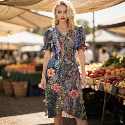 View of a women's flowy wrap midi dress featuring puff sleeves, in a soft pastel color with a lightweight fabric