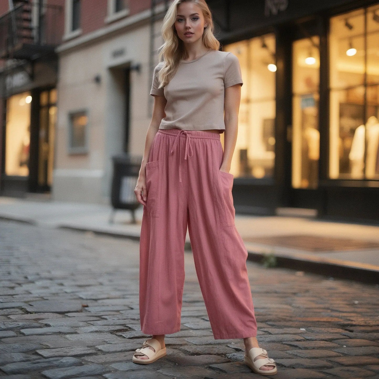 View of relaxed fit high rise wide leg comfort pants in soft fabric, featuring a neutral beige color and a smooth waistband