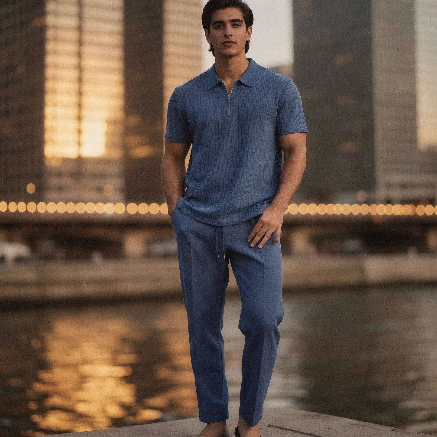 View of a slim fit short sleeve sport suit set in dark gray, featuring a zipper and lightweight fabric