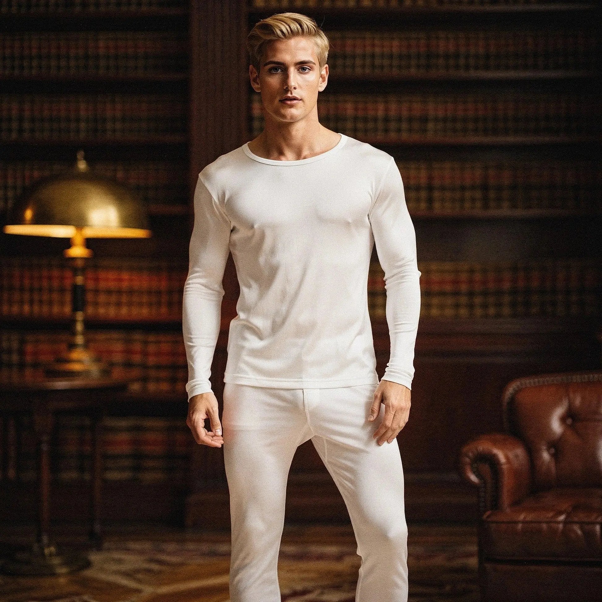 View of gray slim fit long sleeve crew neck long johns made