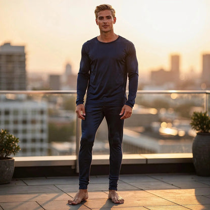 View of navy blue slim fit long sleeve crew neck long johns made