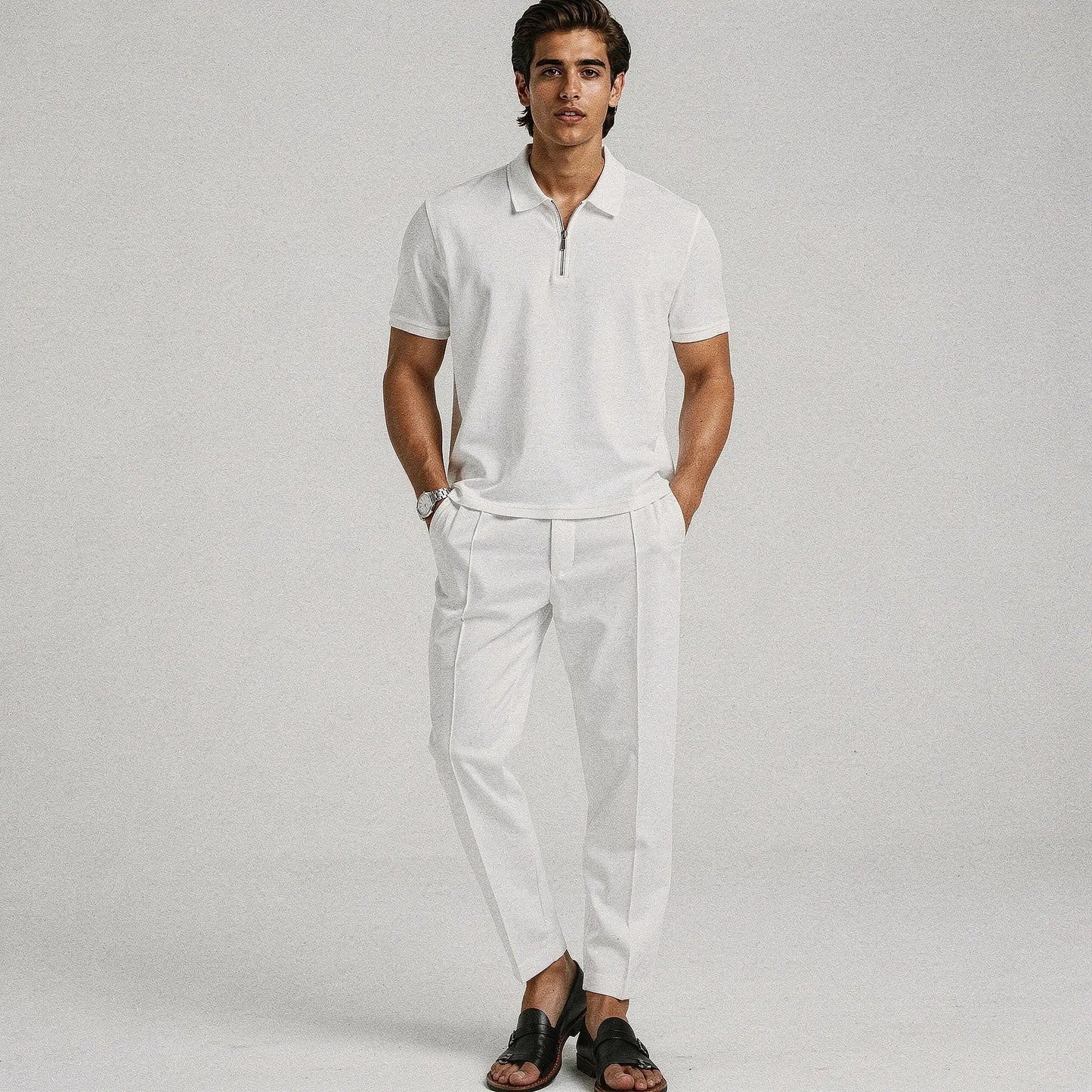 View of a slim fit short sleeve sport suit set in dark gray, featuring a zipper and casual style