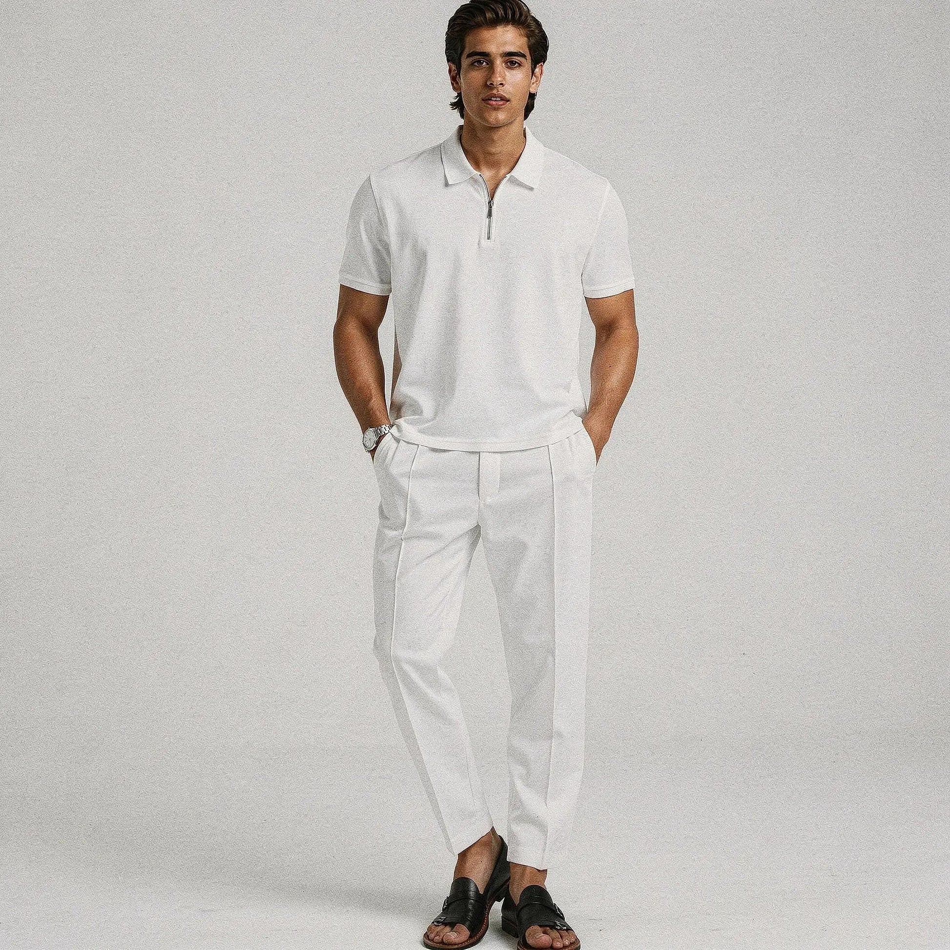 View of a slim fit short sleeve sport suit set in dark gray, featuring a zipper and casual style