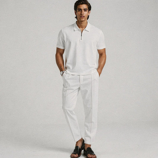 View of a slim fit short sleeve sport suit set in dark gray, featuring a zipper and casual style