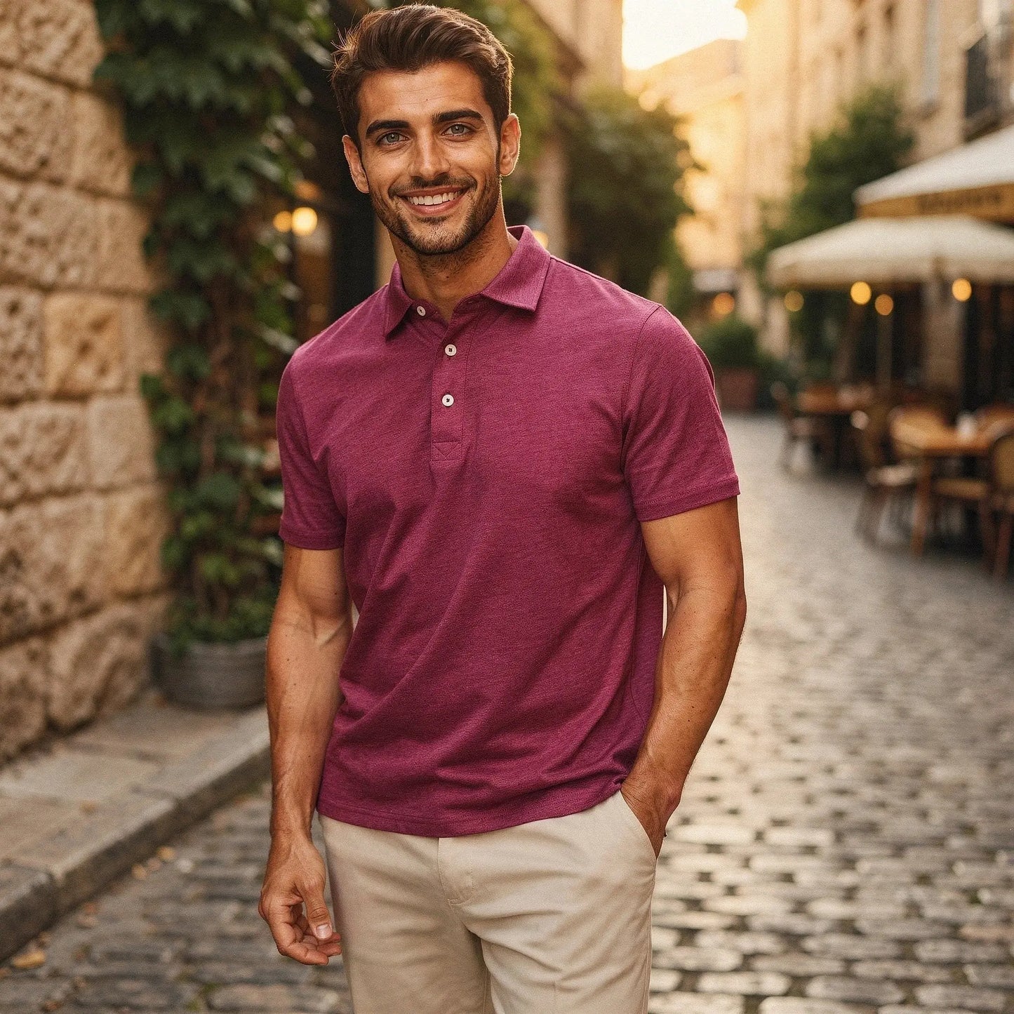 Light gray slim fit short sleeve polo shirt with a V neck and soft cotton fabric, view showcasing stitching and collar