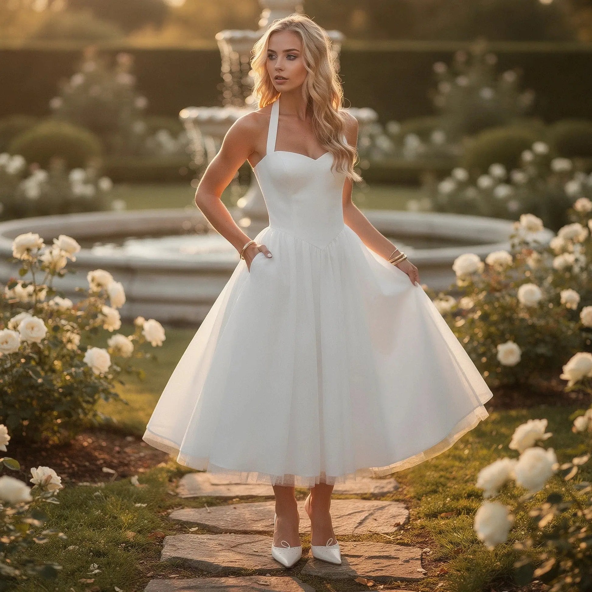 View of a fitted halter neck midi dress in soft pastel pink, featuring a flowing skirt and elegant silhouette