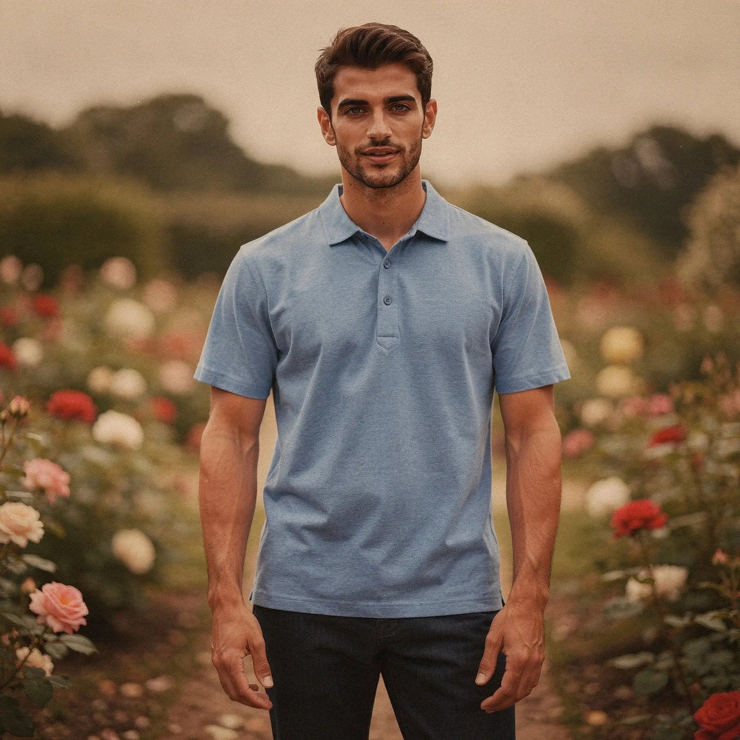 View of a navy blue slim fit short sleeve polo shirt featuring a V neck and soft cotton material
