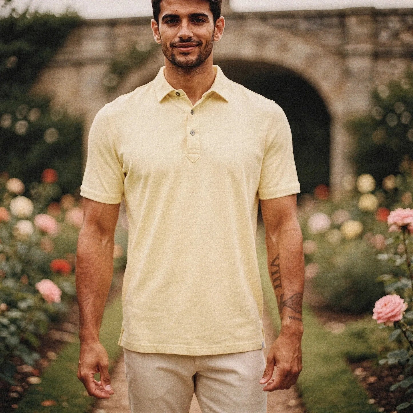 View of a slim fit short sleeve polo shirt in light blue, featuring a V neck and soft cotton material