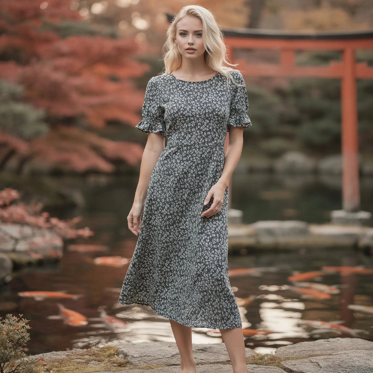 View of a flowy summer dress featuring puff sleeves, a wrap design, and a soft, lightweight fabric in a vibrant color