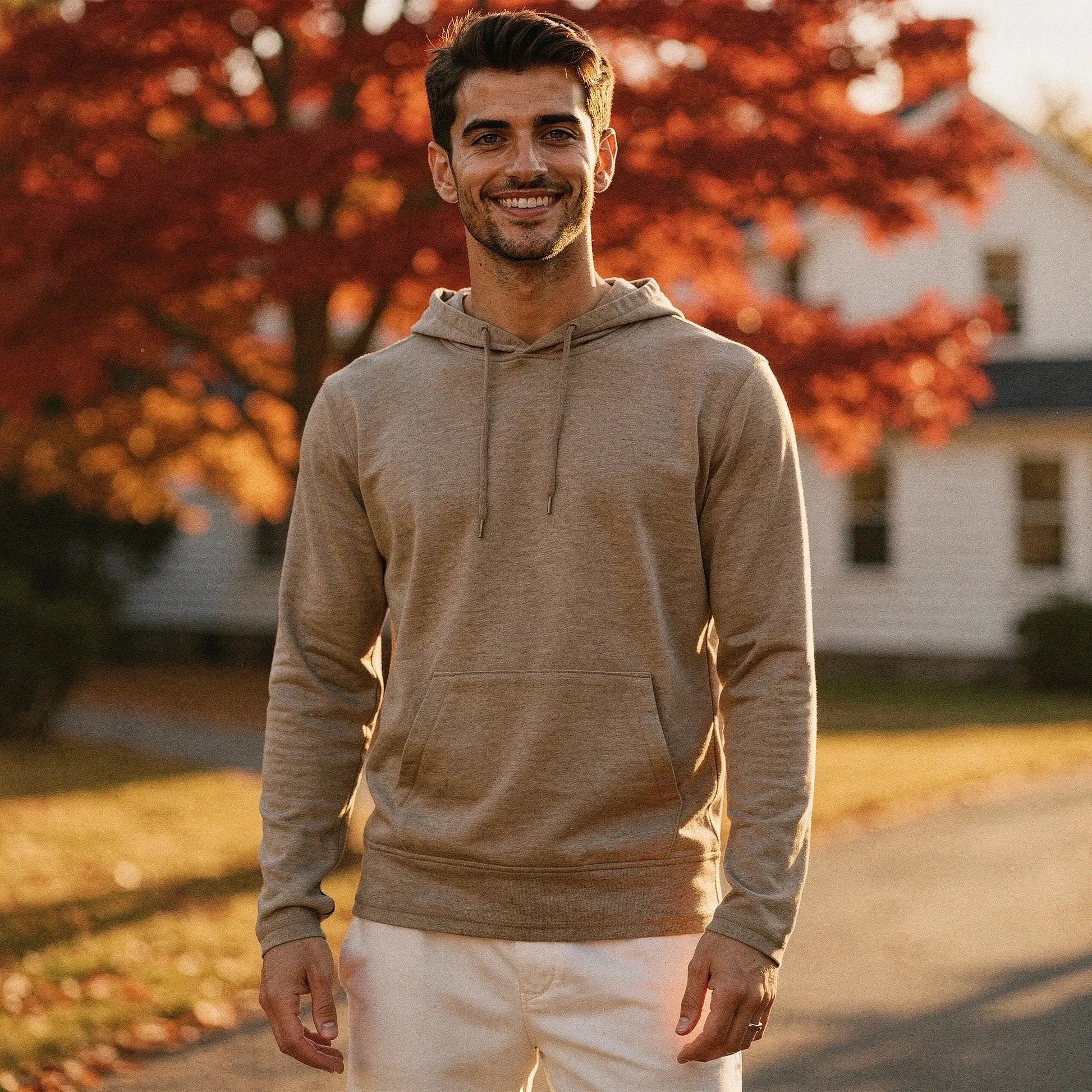 Light gray slim fit long sleeve hoodie with a drawstring hood and kangaroo pocket, view