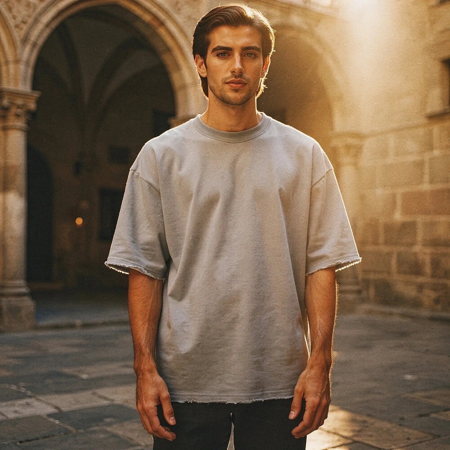 View of a relaxed fit crew neck t shirt in light gray, featuring short sleeves and soft cotton material