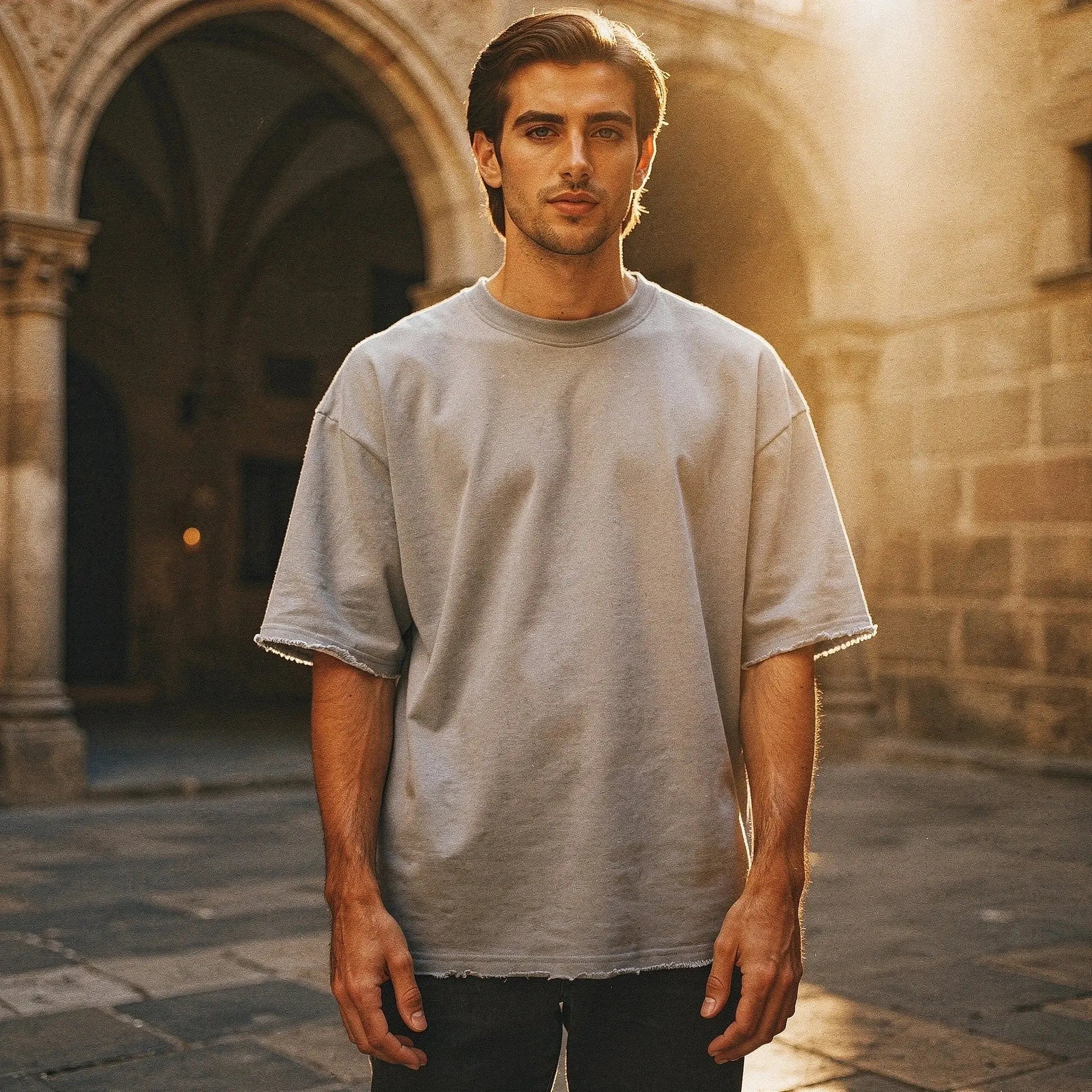 View of a relaxed fit crew neck t shirt in light gray, featuring short sleeves and soft cotton material