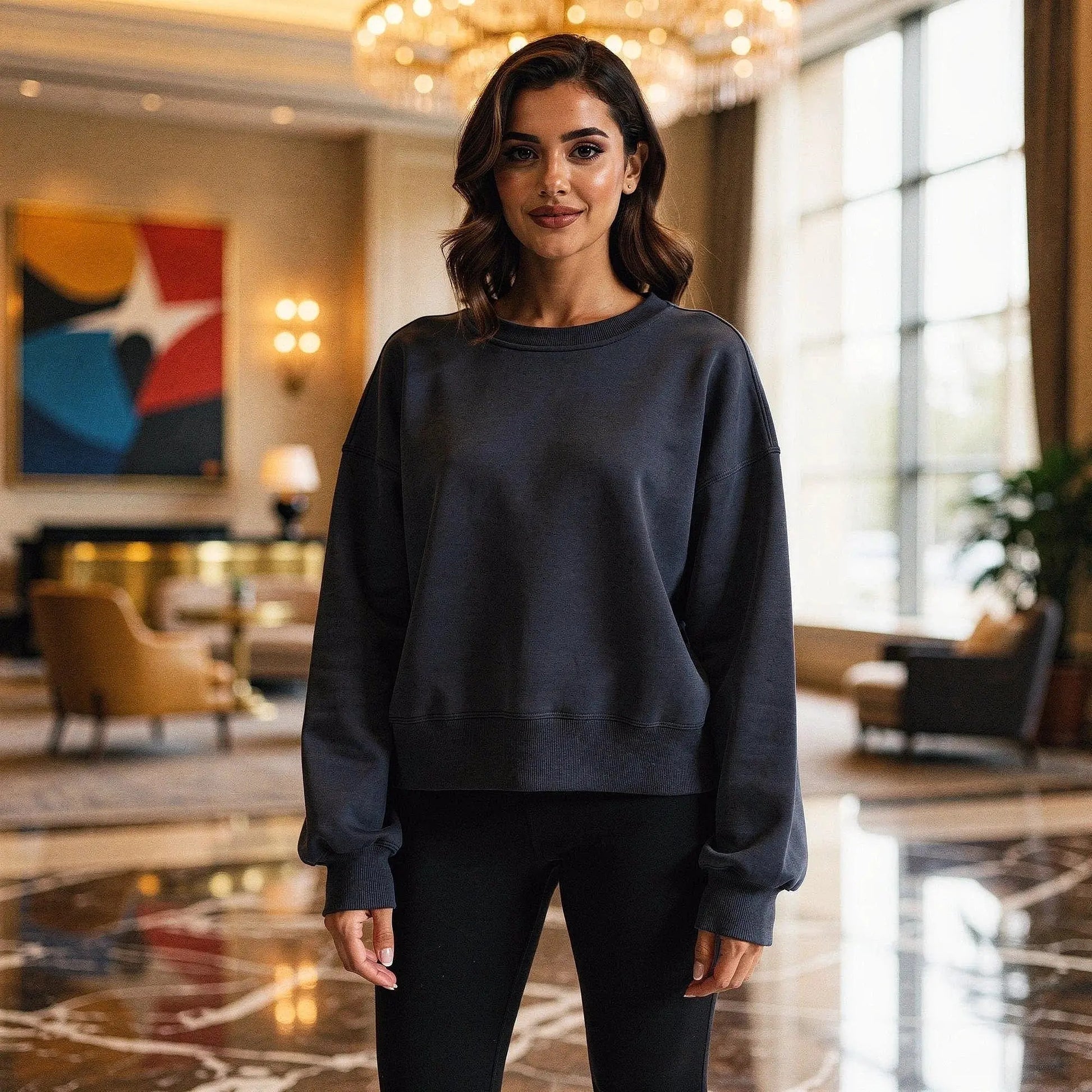 Light gray relaxed fit crew neck sweatshirt with long sleeves, featuring a soft fabric and casual style, view