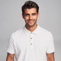View of a slim fit short sleeve polo shirt in light gray, featuring a V neck and soft cotton material