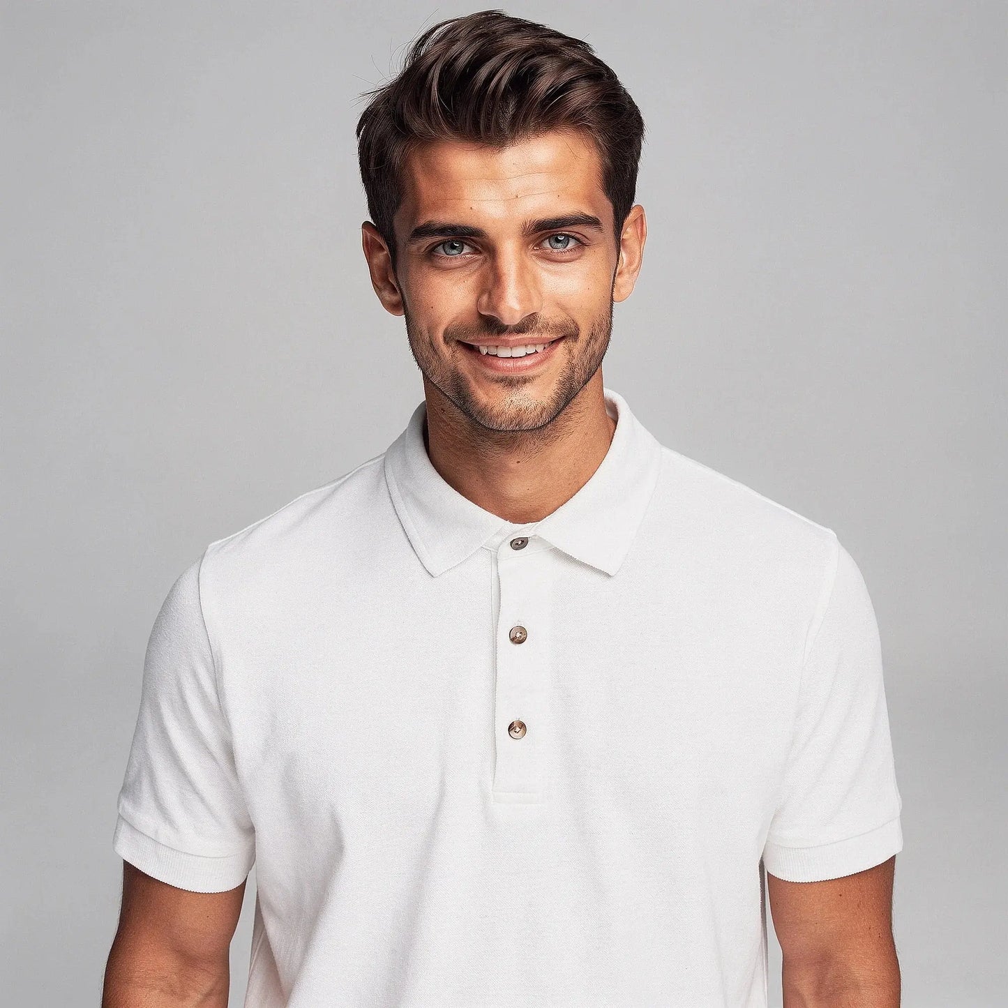 View of a slim fit short sleeve polo shirt in light gray, featuring a V neck and soft cotton material