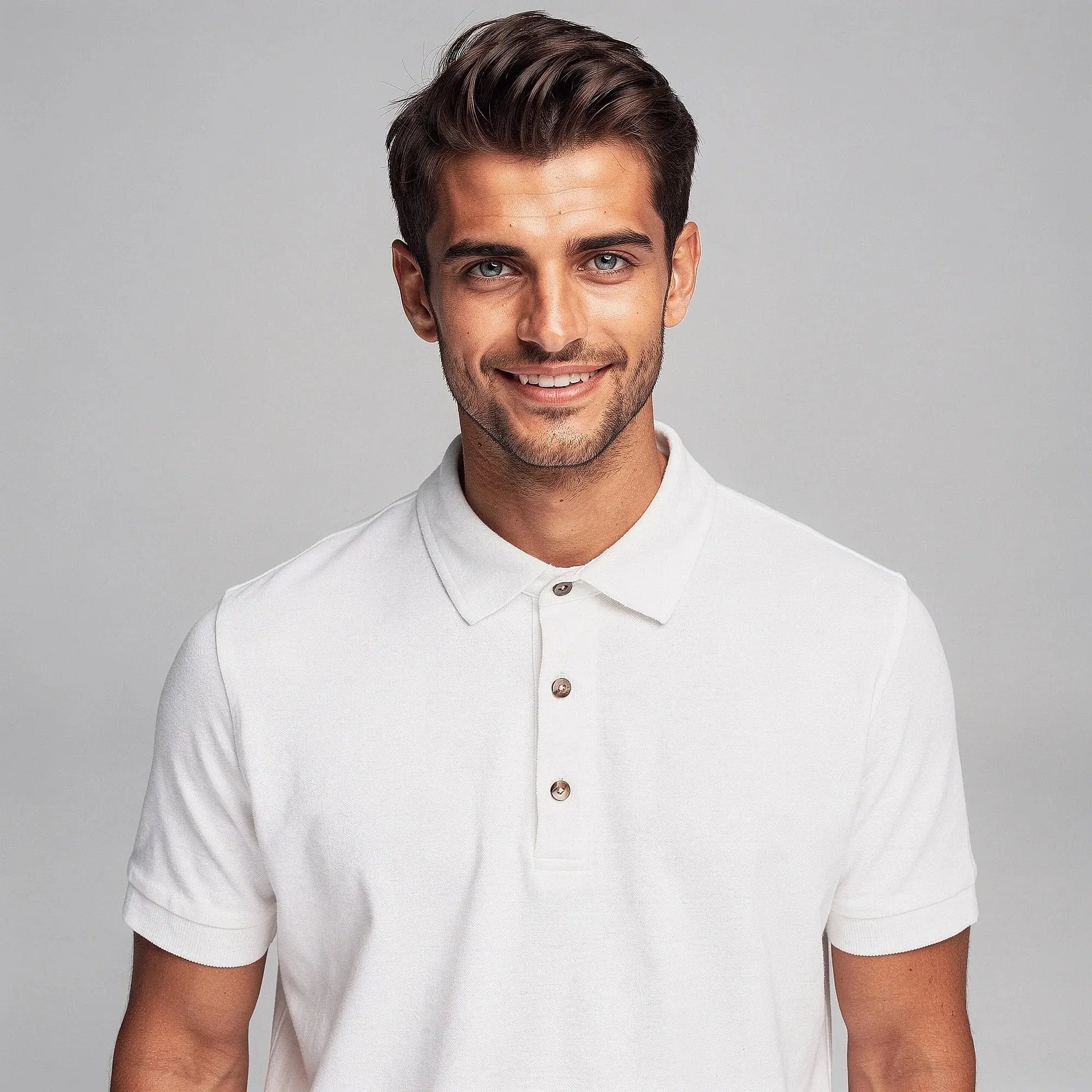 View of a slim fit short sleeve polo shirt in light gray, featuring a V neck and soft cotton material