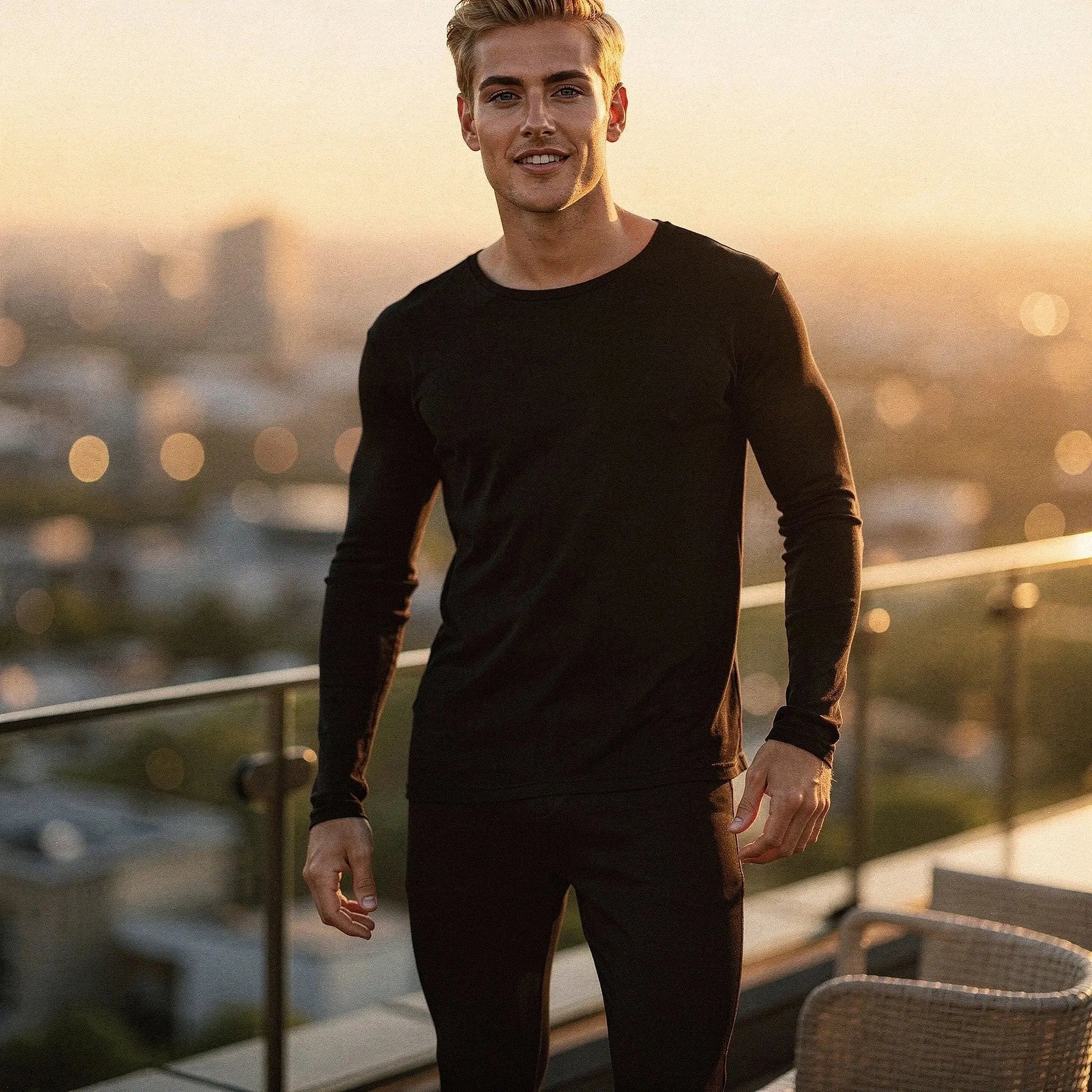 View of men's slim fit long sleeve crew neck long johns in dark gray, showcasing soft fabric and fitted design