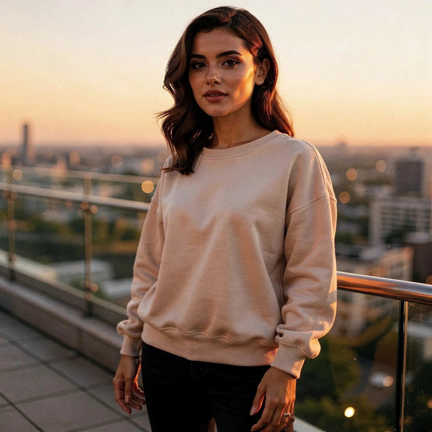 Light gray relaxed fit crew neck sweatshirt with long sleeves and ribbed cuffs, view showcasing fabric texture
