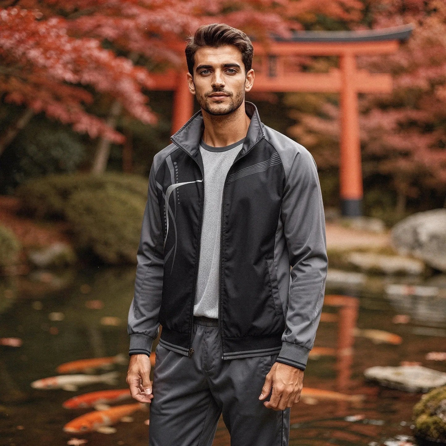 View of a relaxed fit crew neck short sleeve sportswear set in light gray, showcasing soft fabric and comfortable design