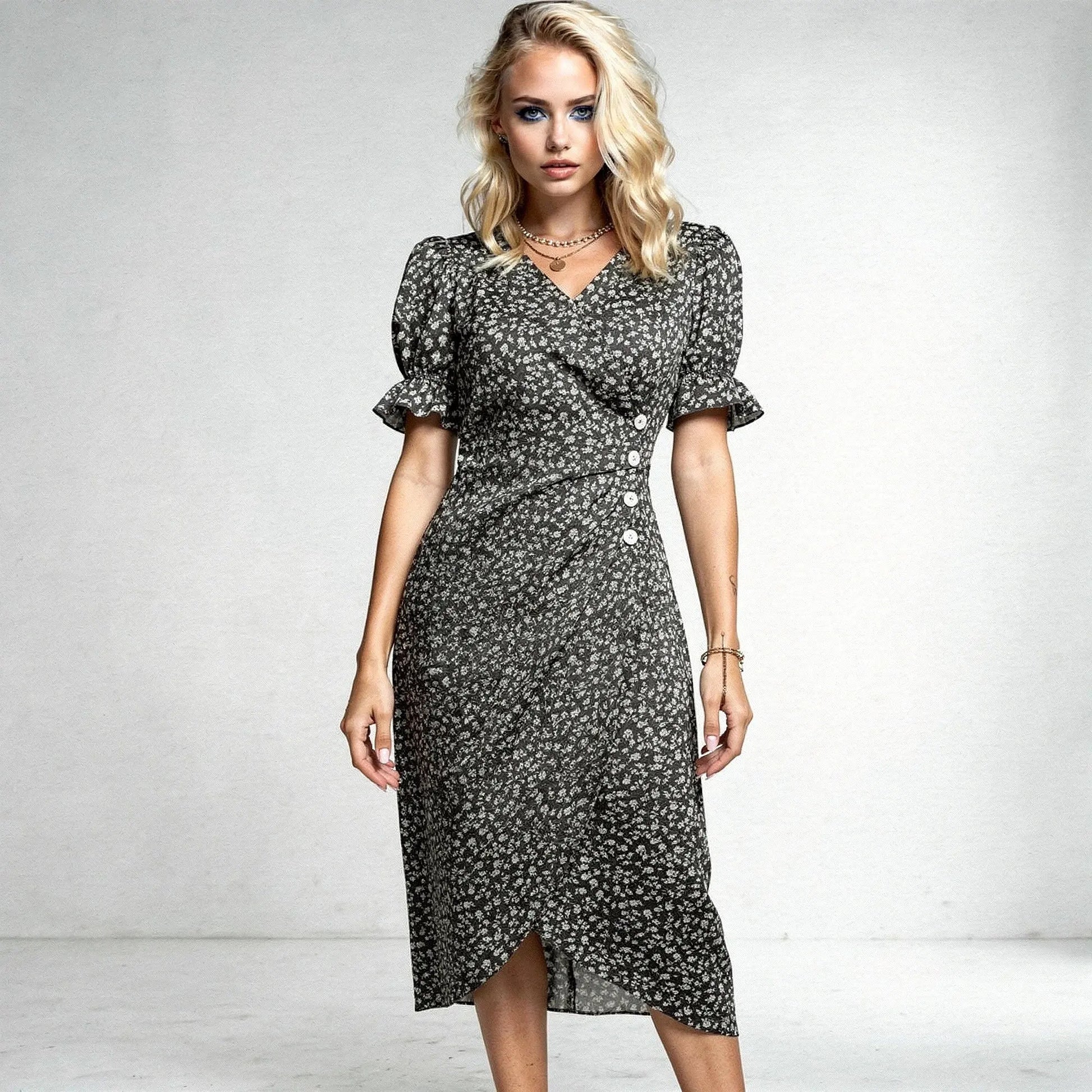 View of a flowy midi summer dress featuring puff sleeves, a wrap design, and a vibrant floral pattern