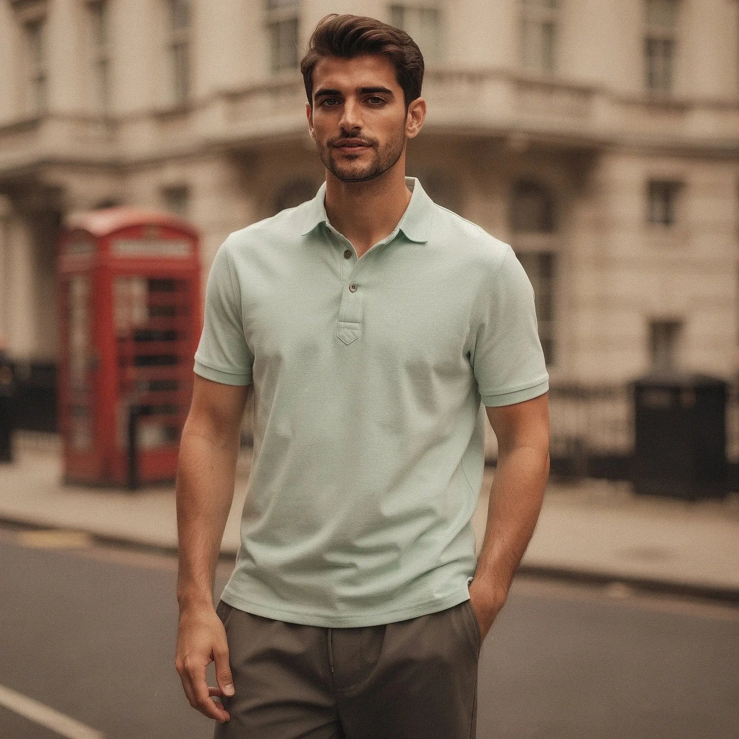 View of a navy blue slim fit short sleeve polo shirt featuring a V neck and soft cotton fabric