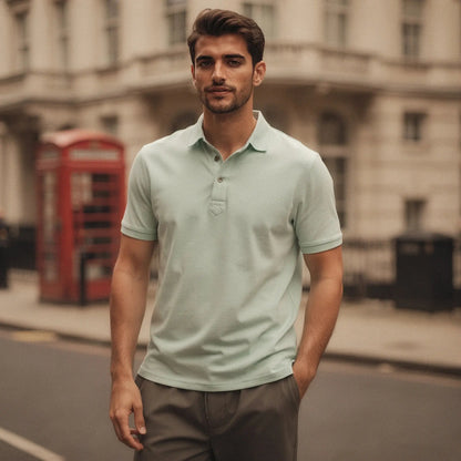View of a navy blue slim fit short sleeve polo shirt featuring a V neck and soft cotton fabric