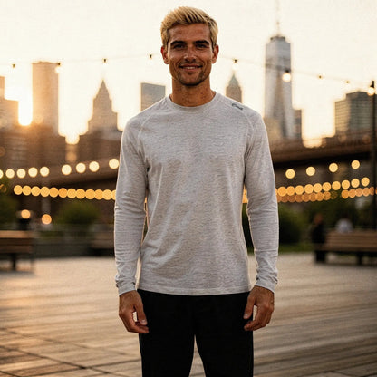 View of a slim fit long sleeve crew neck t shirt in dark gray, made of soft cotton blend fabric