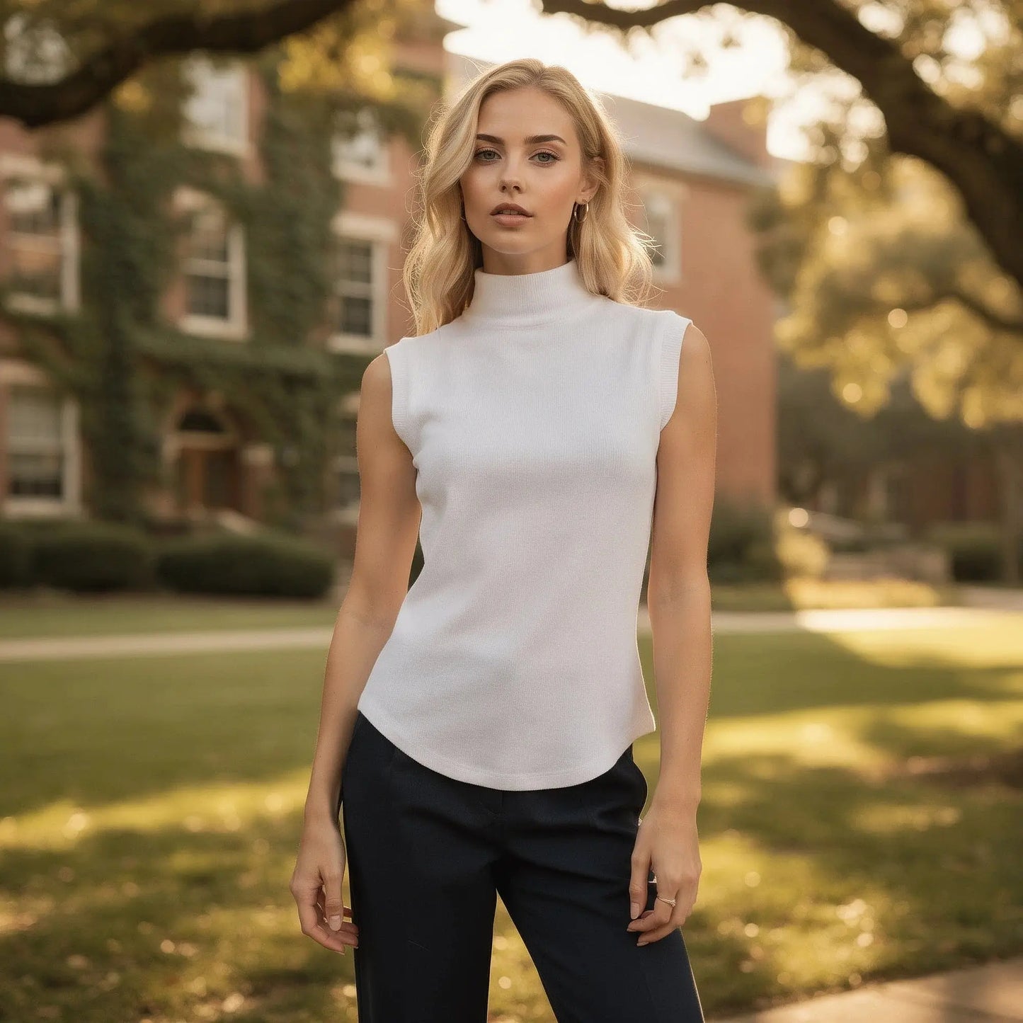 Light gray sleeveless turtleneck top in a slim fit, featuring a soft knit texture and a casual style, view