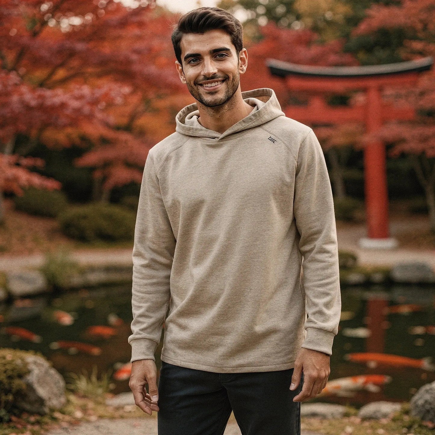 Light gray slim fit long sleeve hoodie made of lightweight material, featuring a pocket and drawstring hood, view