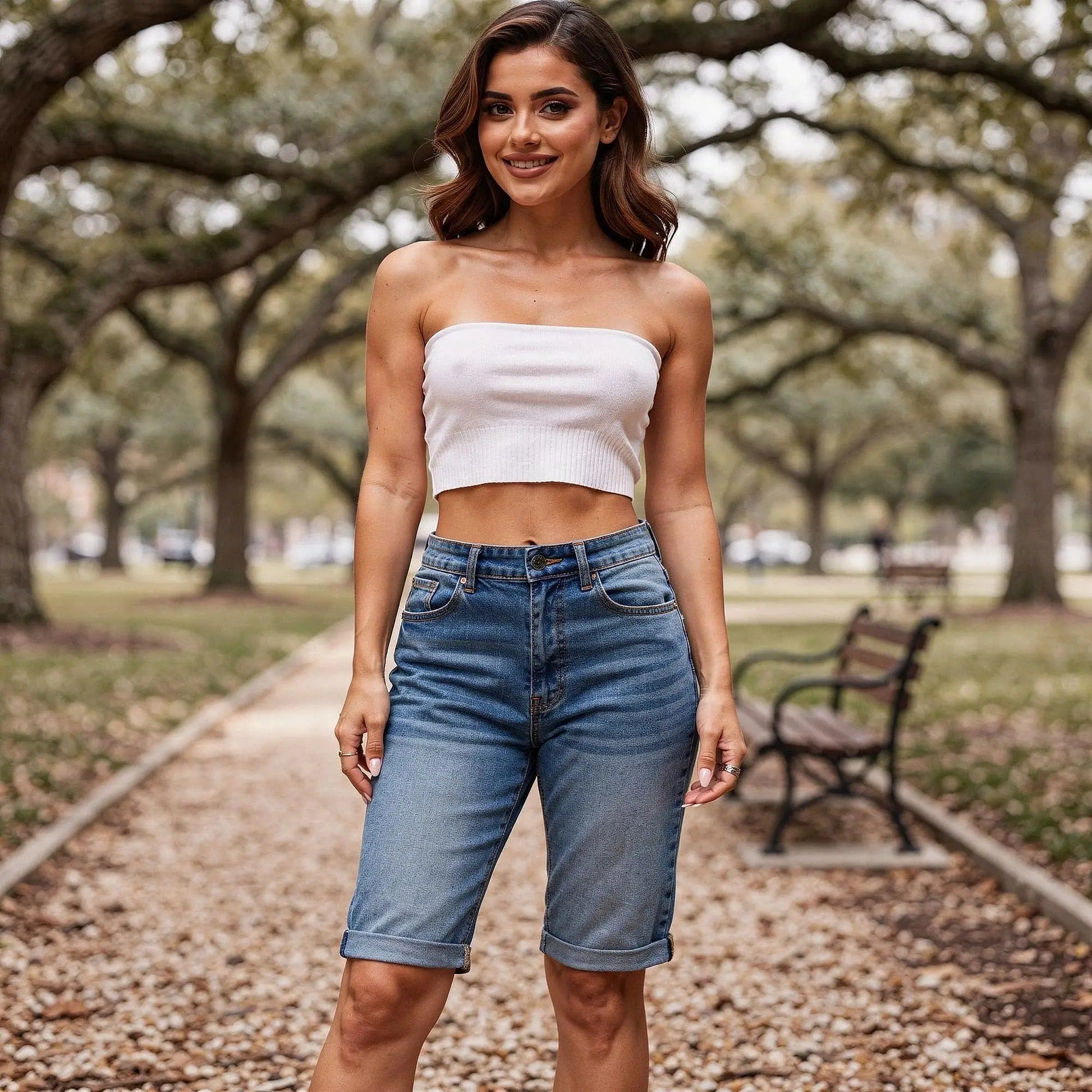 View of high waist stretch fit Bermuda jean shorts in light blue denim, showcasing the fabric texture and stitching