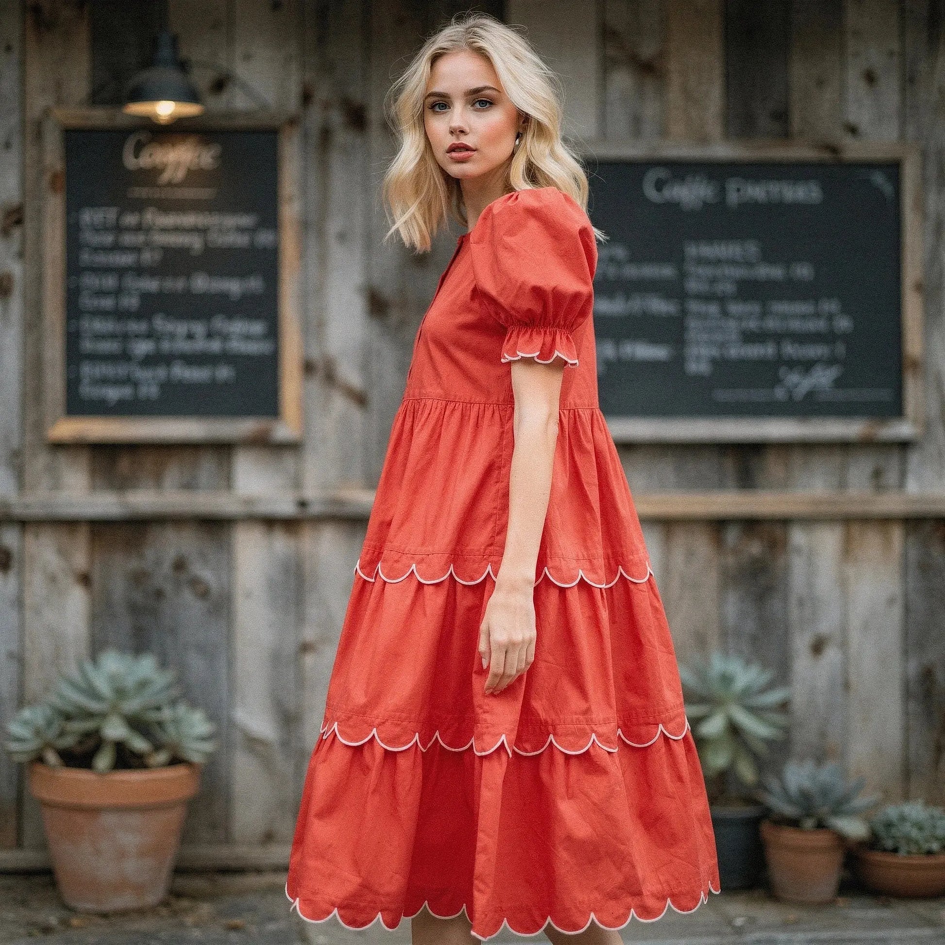 View of a flowy A line midi dress in soft fabric, featuring a round neck and a vibrant floral pattern