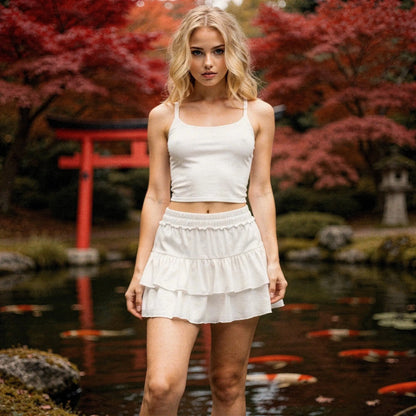 View of a relaxed fit mini ruffle skirt in light blue, featuring built in anti exposure shorts for comfort and movement