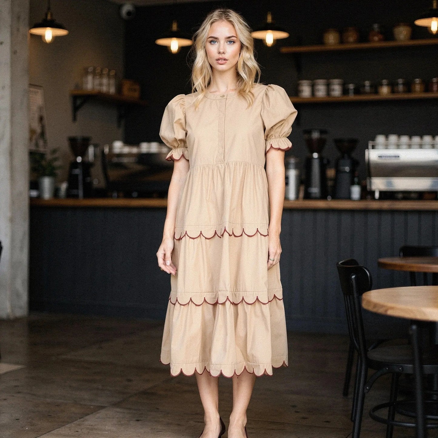 View of a flowy A line midi dress in soft fabric, featuring a round neck and delicate floral pattern