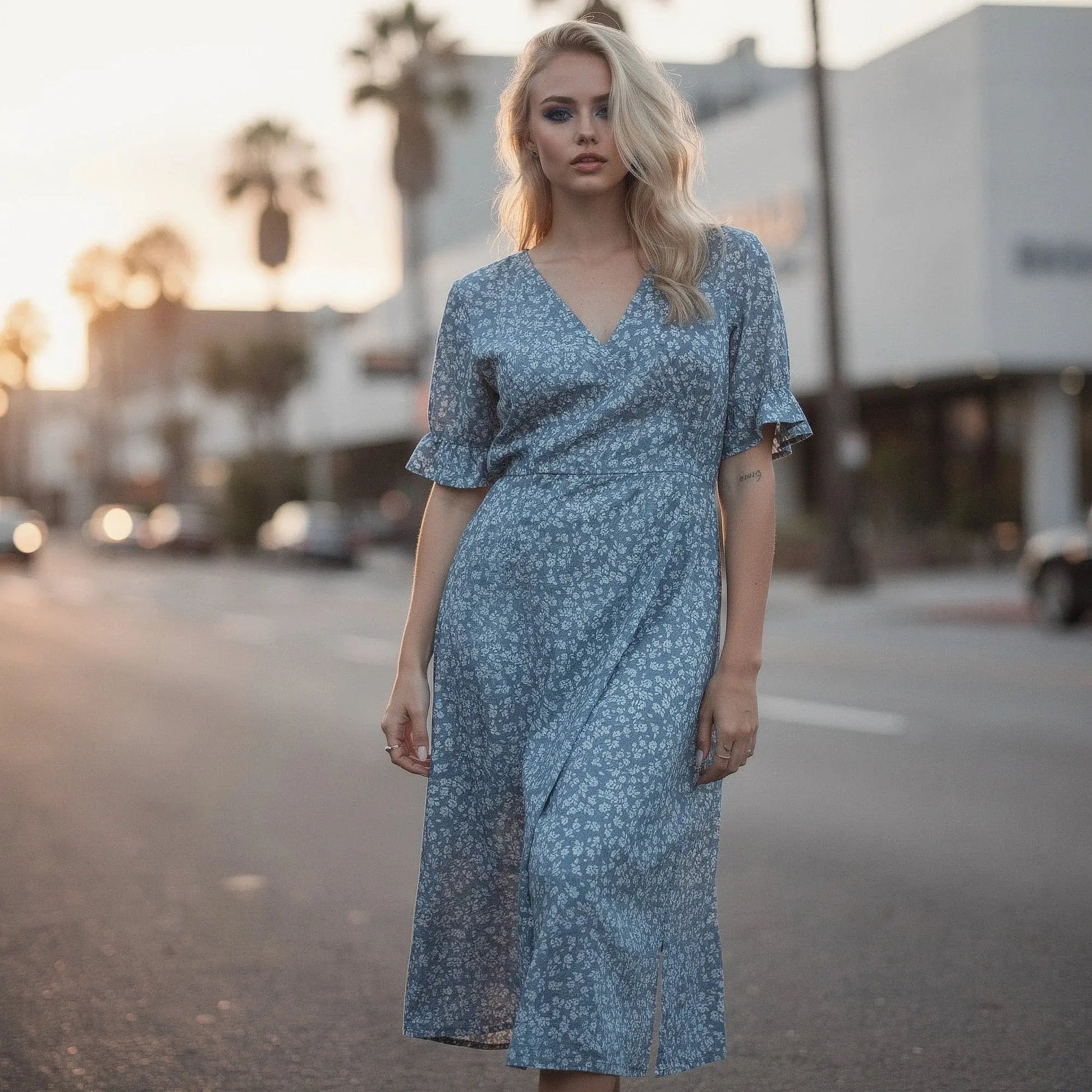 View of a flowy wrap midi dress featuring puff sleeves, in a soft pastel color with a lightweight fabric