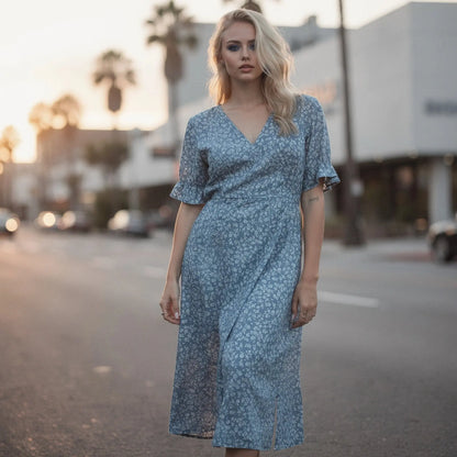 View of a flowy wrap midi dress featuring puff sleeves, in a soft pastel color with a lightweight fabric