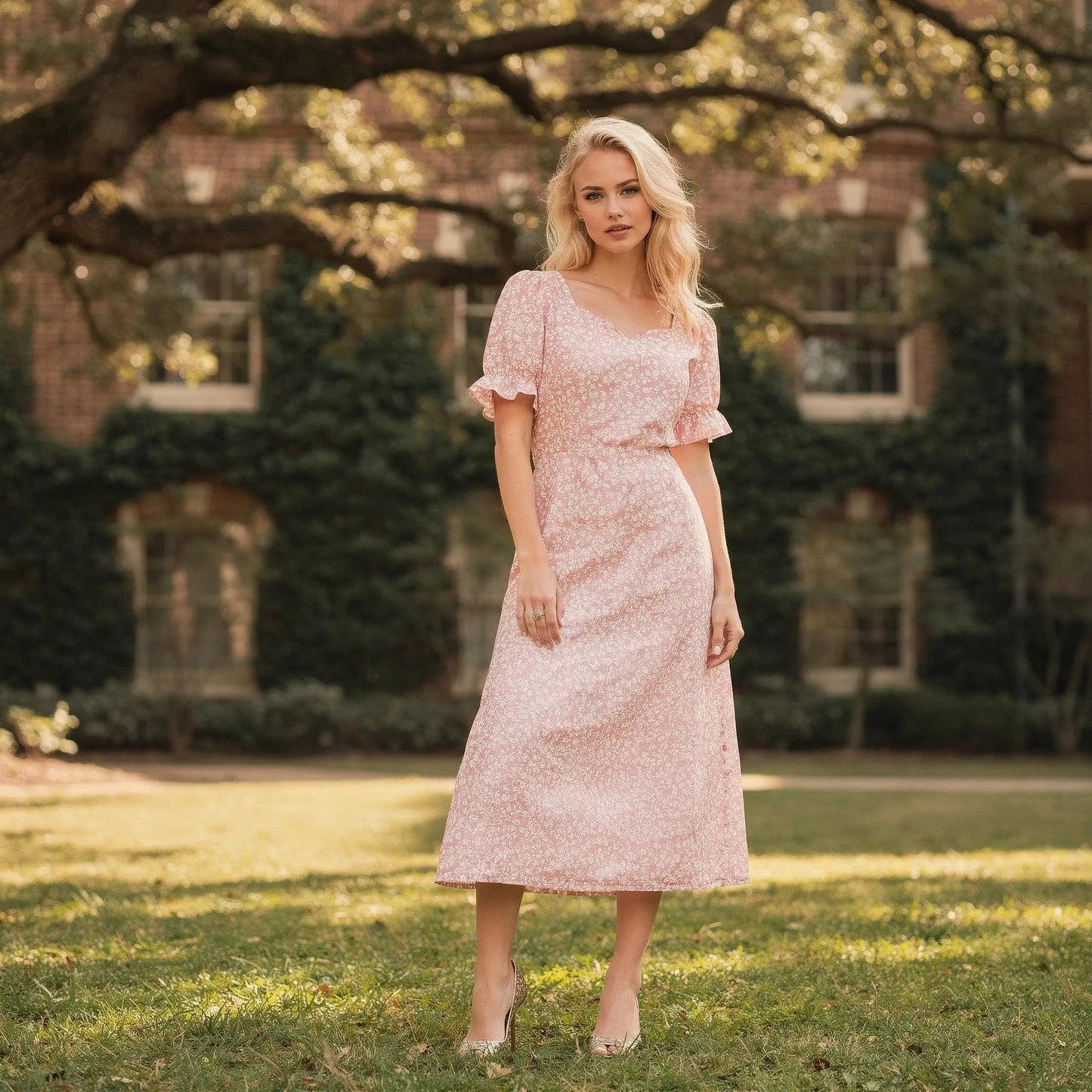 View of a light pink flowy wrap midi dress featuring puff sleeves and a soft, lightweight fabric
