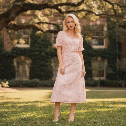 View of a light pink flowy wrap midi dress featuring puff sleeves and a soft, lightweight fabric