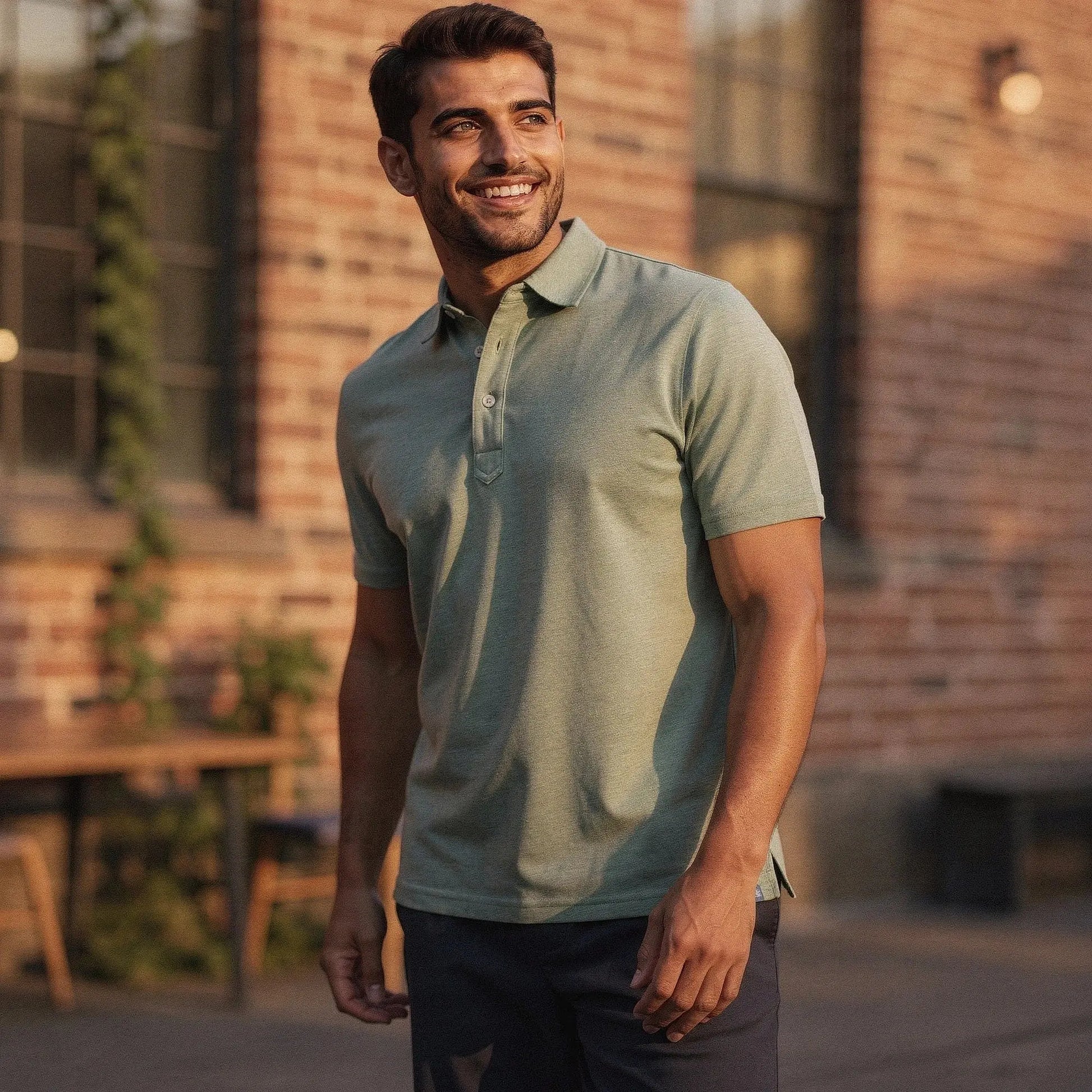 View of a navy blue slim fit short sleeve polo shirt with a V neck and soft cotton material