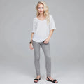 Light gray relaxed fit crew neck cropped t shirt made of soft cotton, view showcasing short sleeves and casual style
