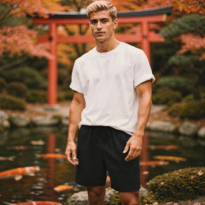 View of a relaxed fit short sleeve casual summer t shirt and shorts set in light gray cotton blend fabric