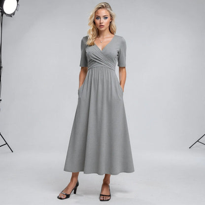 View of a slim fit v neck midi dress in deep burgundy, featuring a flattering silhouette and elegant design